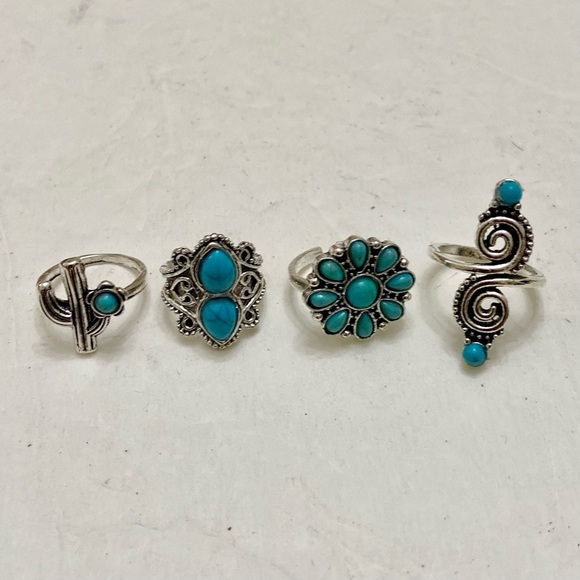 Vintage 4pc Silver Tone- Faux Turquoise Rings (I) - Picture 8 of 13